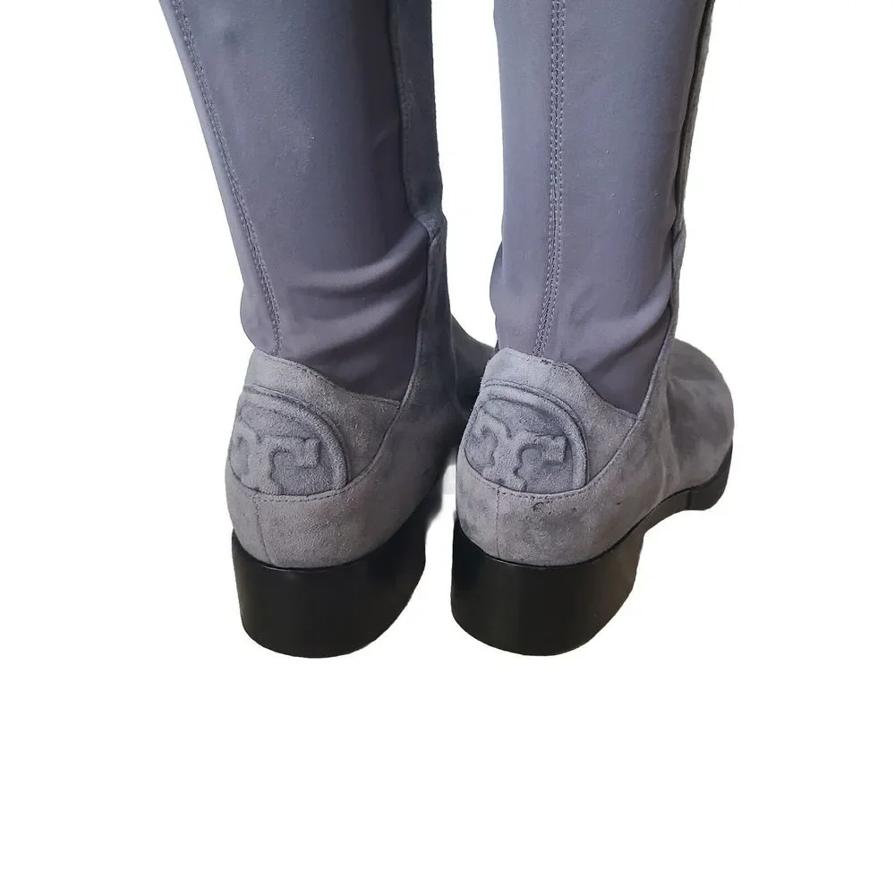 Tory Burch OTK Boots Caitlin Gray Suede Over-the-Knee Stretch Back Logo 6.5 New